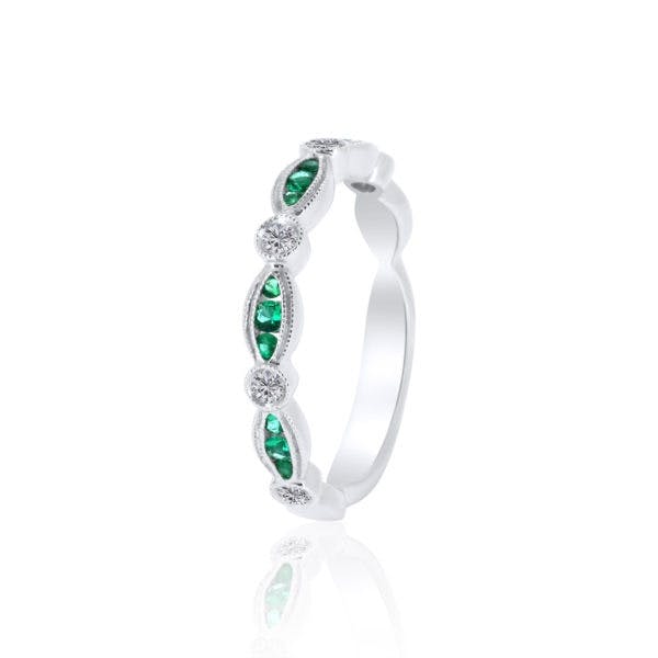 Vintage Inspired Diamond and Emerald Wedding Band with .14 carat of Diamonds and .13 carat of Emeralds